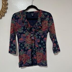 Chaps Floral Print Ruffle Neck Mesh Blouse, Size Small